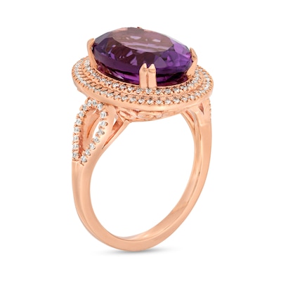 Oval Amethyst and 0.33 CT. T.W. Diamond Double Frame Split Shank Ring in 10K Rose Gold