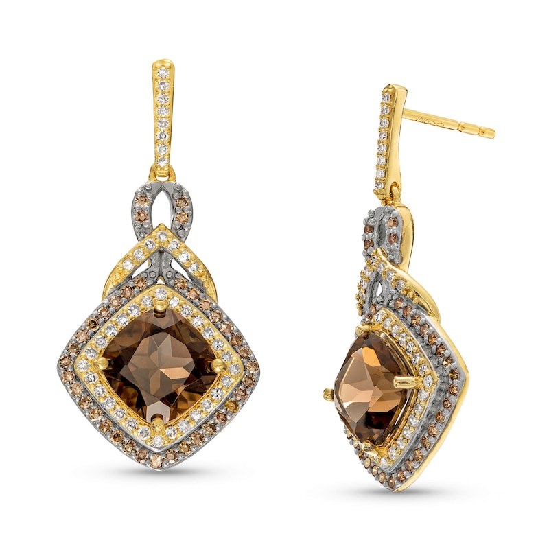 Cushion-Cut Smoky Quartz and 0.50 CT. T.W. Champagne and White Diamond Double Frame Drop Earrings in 10K Two-Tone Gold|Peoples Jewellers