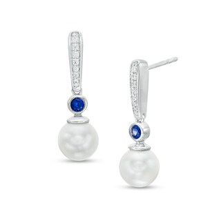 Vera Wang Love Collection 7.5mm Freshwater Cultured Pearl, Blue Sapphire and Diamond Drop Earrings in 10K White Gold