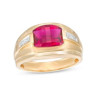 Men's Cushion-Cut Lab-Created Ruby and Diamond Accent Ribbed Shank Ring in 10K Gold