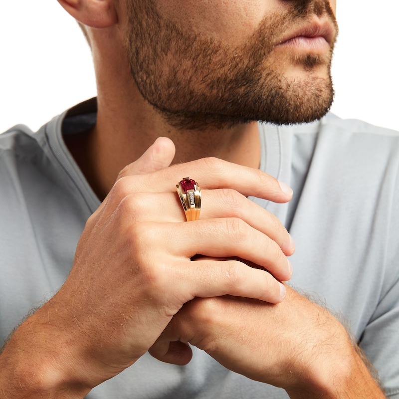 Men's Cushion-Cut Lab-Created Ruby and Diamond Accent Ribbed Shank Ring in 10K Gold|Peoples Jewellers