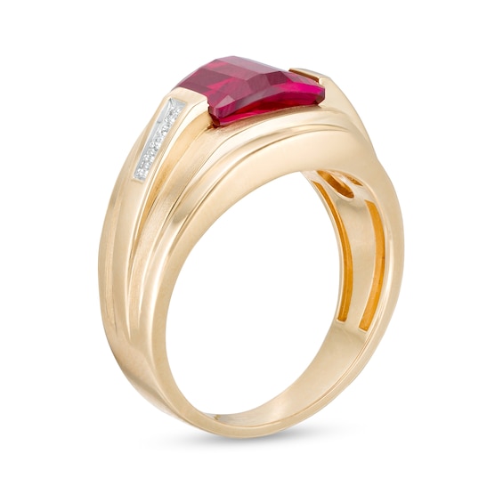 Men's Cushion-Cut Lab-Created Ruby and Diamond Accent Ribbed Shank Ring in 10K Gold