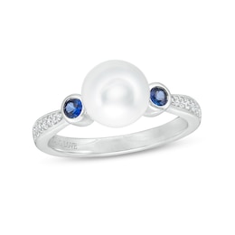 Vera Wang Love Collection Freshwater Cultured Pearl, Blue Sapphire and 0.04 CT. T.W. Diamond Ring in 10K White Gold