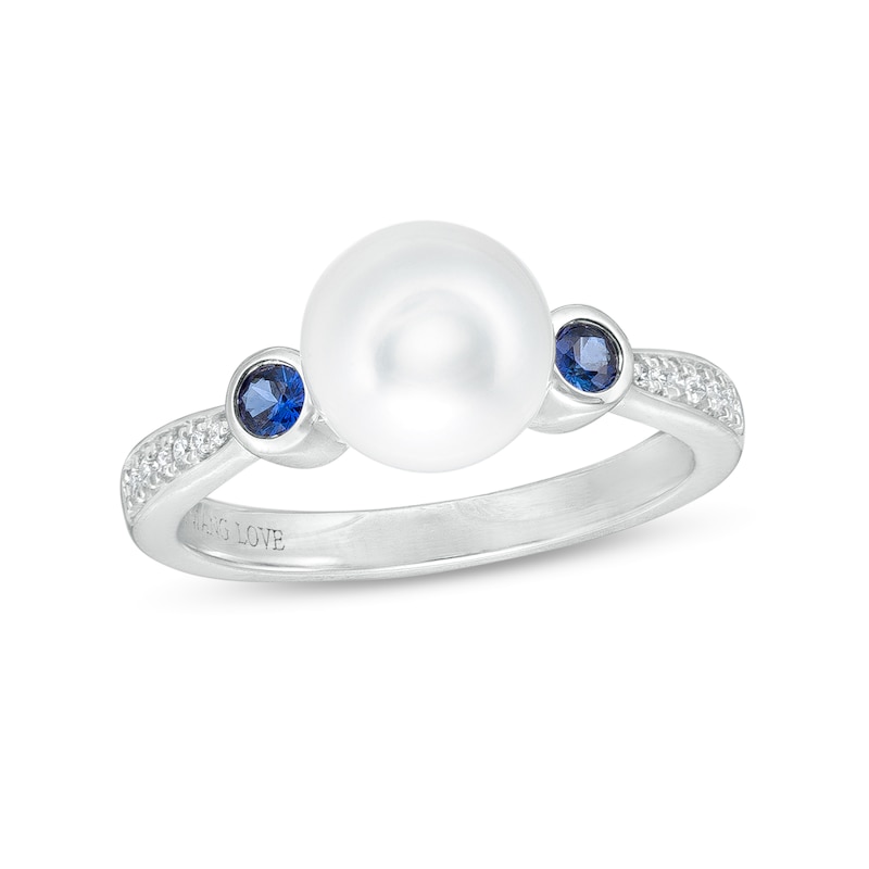 Vera Wang Love Collection Freshwater Cultured Pearl, Blue Sapphire and 0.04 CT. T.W. Diamond Ring in 10K White Gold|Peoples Jewellers