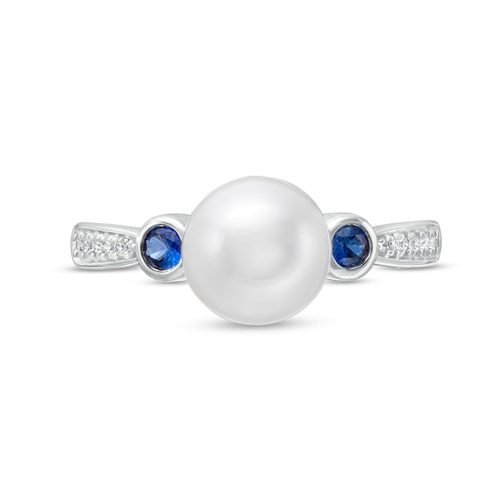 Vera Wang Love Collection Freshwater Cultured Pearl, Blue Sapphire and 0.04 CT. T.W. Diamond Ring in 10K White Gold