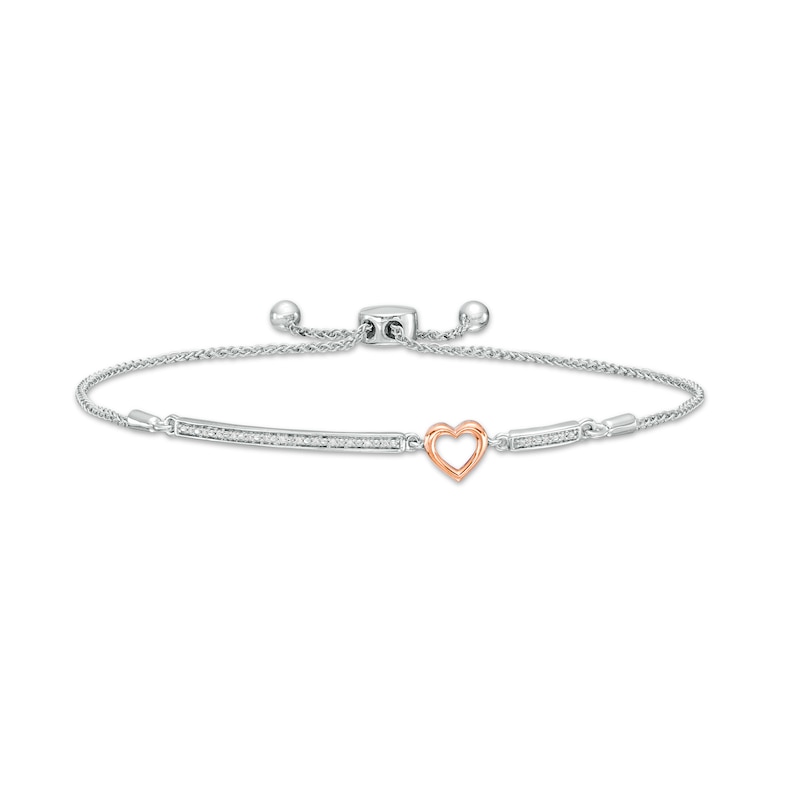 0.04 CT. T.W. Diamond Open Heart Bolo Bracelet in Sterling Silver and 10K Rose Gold – 9.5"|Peoples Jewellers