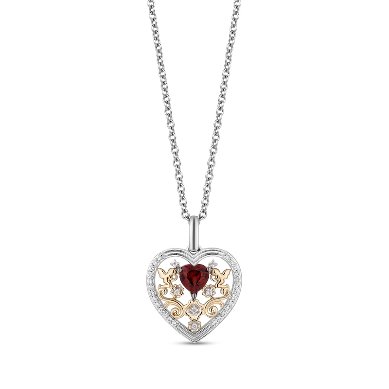 Enchanted Disney Snow White Garnet and 0.085 CT. T.W. Diamond Filigree Heart Pendant in Sterling Silver and 10K Gold|Peoples Jewellers