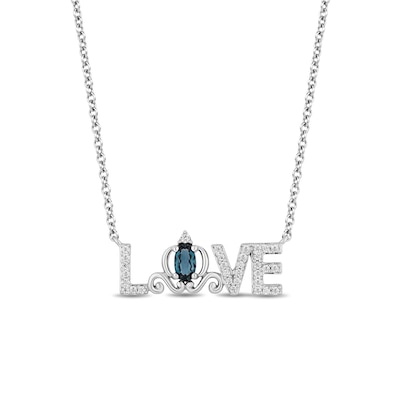 Enchanted Disney Cinderella Oval London Blue Topaz and 0.115 CT. T.W. Diamond "LOVE" Necklace in Sterling Silver