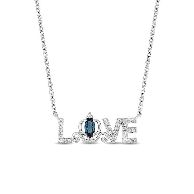 Enchanted Disney Cinderella Oval London Blue Topaz and 0.115 CT. T.W. Diamond "LOVE" Necklace in Sterling Silver