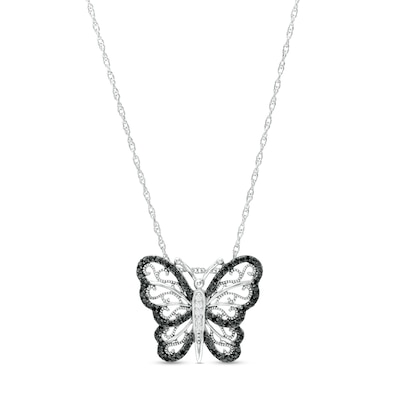 0.115 CT. T.W. Black and White Diamond Butterfly Necklace in Sterling Silver