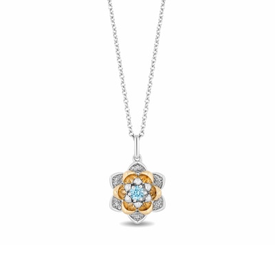 Enchanted Disney Jasmine Swiss Blue Topaz and 0.085 CT. T.W. Diamond Flower Pendant in Sterling Silver and 10K Gold