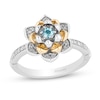 Thumbnail Image 0 of Enchanted Disney Jasmine 3.0mm Swiss Blue Topaz and 0.145 CT. T.W. Diamond Flower Ring in Sterling Silver and 10K Gold