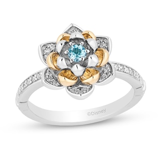 Enchanted Disney Jasmine 3.0mm Swiss Blue Topaz and 0.145 CT. T.W. Diamond Flower Ring in Sterling Silver and 10K Gold