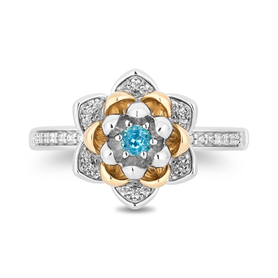 Enchanted Disney Jasmine 3.0mm Swiss Blue Topaz and 0.145 CT. T.W. Diamond Flower Ring in Sterling Silver and 10K Gold