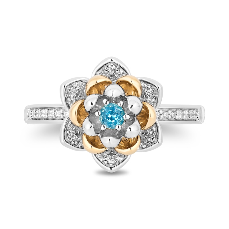Enchanted Disney Jasmine 3.0mm Swiss Blue Topaz and 0.145 CT. T.W. Diamond Flower Ring in Sterling Silver and 10K Gold