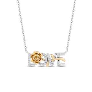 Enchanted Disney Belle 0.085 CT. T.W. Diamond "LOVE" Rose Necklace in Sterling Silver and 10K Gold