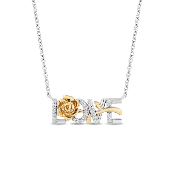 Enchanted Disney Belle 0.085 CT. T.W. Diamond "LOVE" Rose Necklace in Sterling Silver and 10K Gold