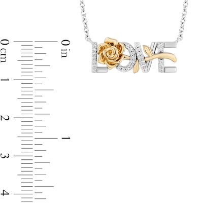 Enchanted Disney Belle 0.085 CT. T.W. Diamond "LOVE" Rose Necklace in Sterling Silver and 10K Gold