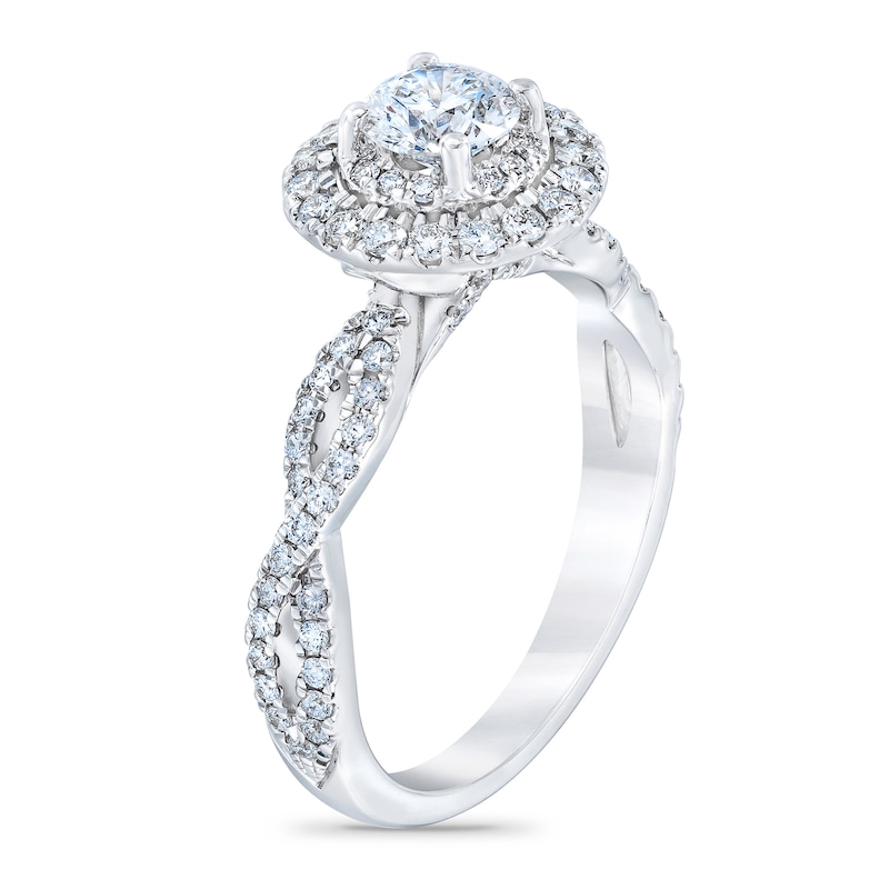 Royal Asscher® 1.00 CT. T.W. Diamond Double Frame Twist Shank Engagement Ring in 14K White Gold|Peoples Jewellers