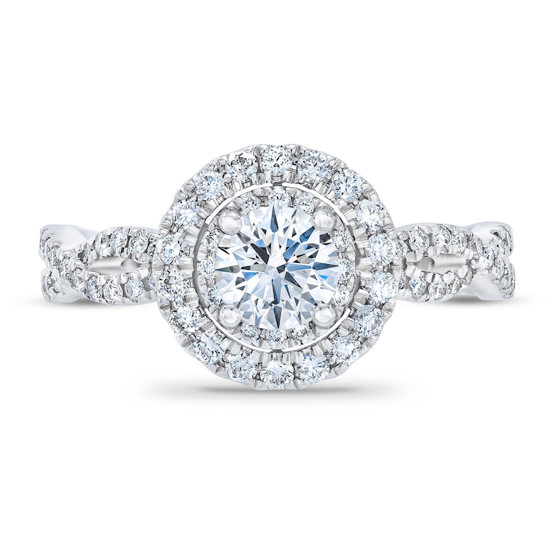 Royal Asscher® 1.00 CT. T.W. Diamond Double Frame Twist Shank Engagement Ring in 14K White Gold|Peoples Jewellers