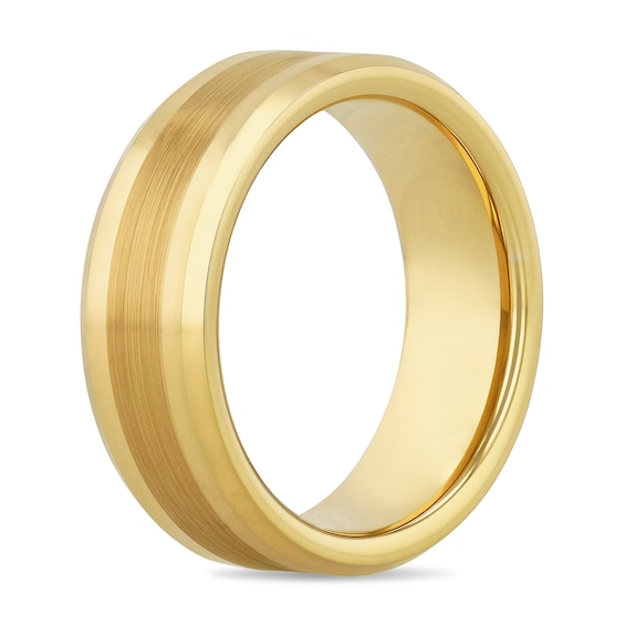 Men's 8.0mm Bevelled Edge Wedding Band in Tungsten with Yellow IP