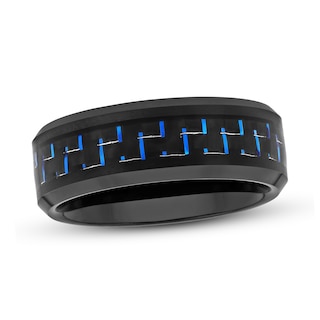 Men's 8.0mm Bevelled Edge Wedding Band in Tungsten with Black IP and Blue Woven Carbon Fibre Inlay