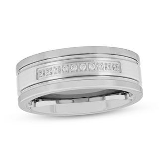 Men's 0.09 CT. T.W. Diamond Double Groove Ten Stone Wedding Band in Tungsten