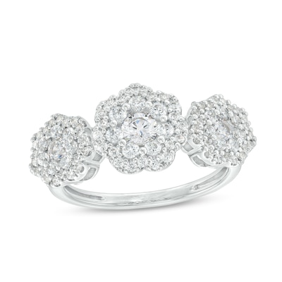 1.00 CT. T.W. Multi-Diamond Frame Flower Trio Ring in 10K White Gold