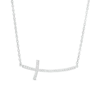 0.13 CT. T.W. Diamond Curved Sideways Cross Necklace in Sterling Silver