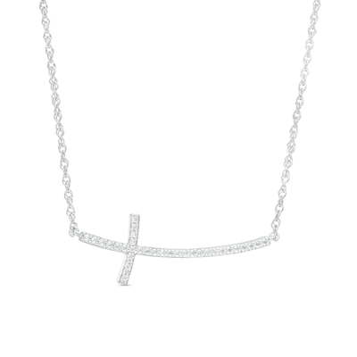 0.13 CT. T.W. Diamond Curved Sideways Cross Necklace in Sterling Silver