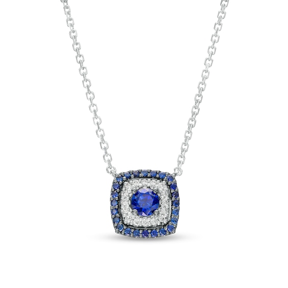 Vera Wang Love Collection Blue Sapphire and 0.05 CT. T.W. Diamond Cushion-Shaped Frame Necklace in 10K White Gold - 19"