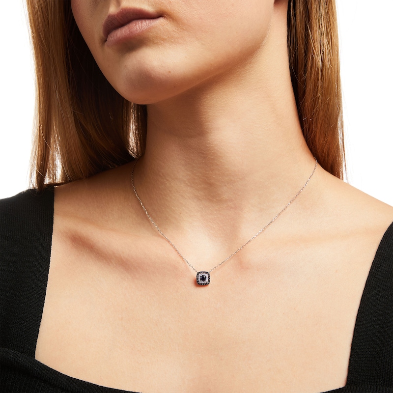 Vera Wang Love Collection Blue Sapphire and 0.05 CT. T.W. Diamond Cushion-Shaped Frame Necklace in 10K White Gold - 19"|Peoples Jewellers