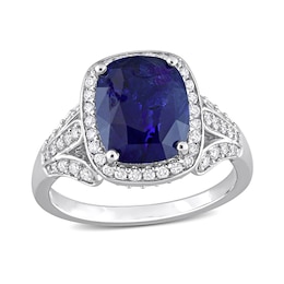Cushion-Shaped Blue Sapphire and 0.82 CT. T.W. Diamond Frame Split Shank Ring in 14K White Gold