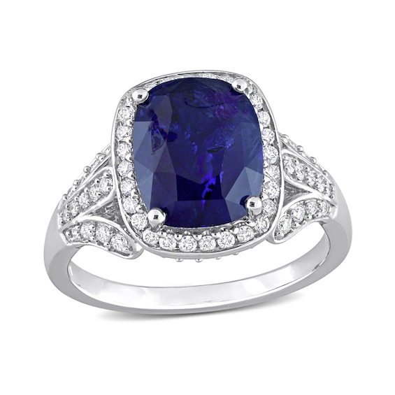 Cushion-Shaped Blue Sapphire and 0.82 CT. T.W. Diamond Frame Split Shank Ring in 14K White Gold