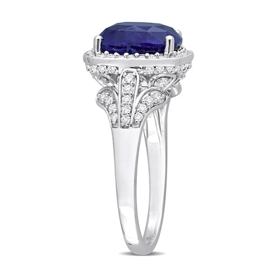 Cushion-Shaped Blue Sapphire and 0.82 CT. T.W. Diamond Frame Split Shank Ring in 14K White Gold