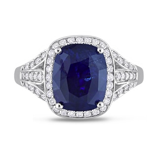 Cushion-Shaped Blue Sapphire and 0.82 CT. T.W. Diamond Frame Split Shank Ring in 14K White Gold