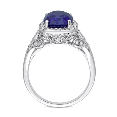 Cushion-Shaped Blue Sapphire and 0.82 CT. T.W. Diamond Frame Split Shank Ring in 14K White Gold