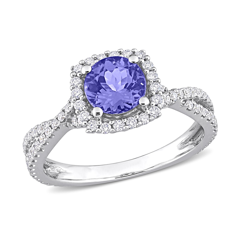 6.5mm Tanzanite and 0.50 CT. T.W. Diamond Frame Twist Shank Ring in 14K White Gold|Peoples Jewellers