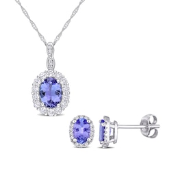 Oval Tanzanite, White Topaz, and 0.10 CT. T.W. Diamond Frame Pendant and Stud Earrings Set in 10K and 14K White Gold