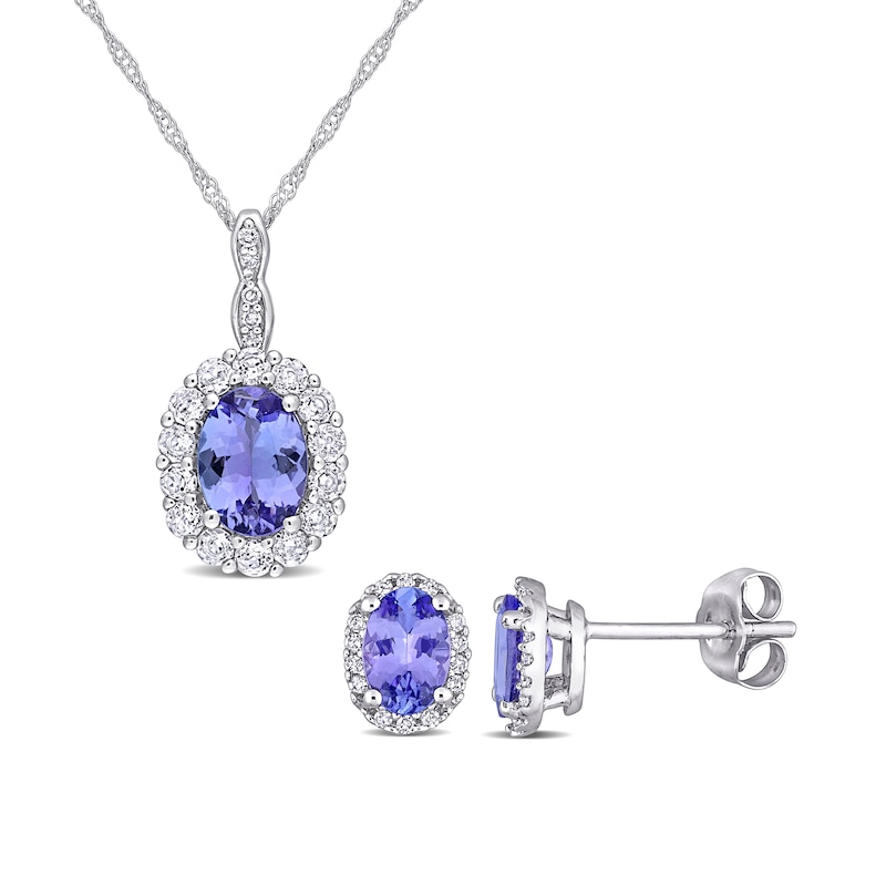 Oval Tanzanite, White Topaz, and 0.10 CT. T.W. Diamond Frame Pendant and Stud Earrings Set in 10K and 14K White Gold