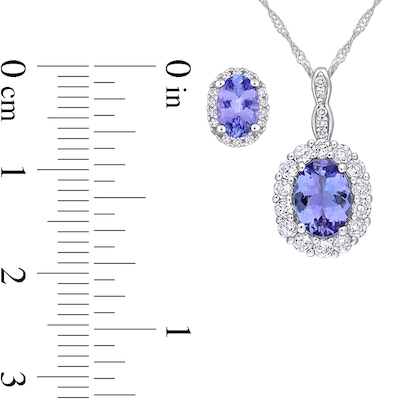 Oval Tanzanite, White Topaz, and 0.10 CT. T.W. Diamond Frame Pendant and Stud Earrings Set in 10K and 14K White Gold