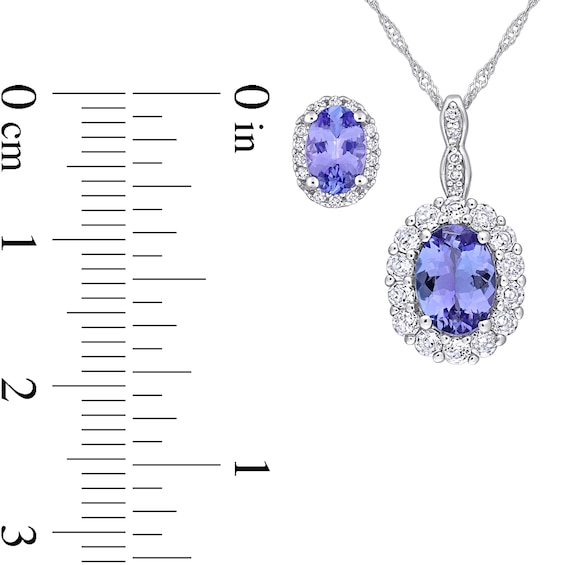 Oval Tanzanite, White Topaz, and 0.10 CT. T.W. Diamond Frame Pendant and Stud Earrings Set in 10K and 14K White Gold