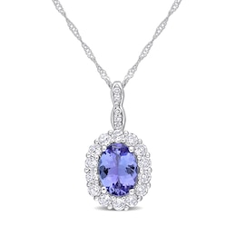 Oval Tanzanite, White Topaz, and Diamond Accent Frame Pendant in 14K White Gold - 17&quot;