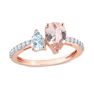 Pear-Shaped Morganite, Aquamarine, and White Topaz Toi et Moi Ring in 10K Rose Gold