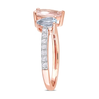 Pear-Shaped Morganite, Aquamarine, and White Topaz Toi et Moi Ring in 10K Rose Gold