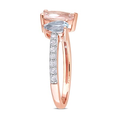 Pear-Shaped Morganite, Aquamarine, and White Topaz Toi et Moi Ring in 10K Rose Gold