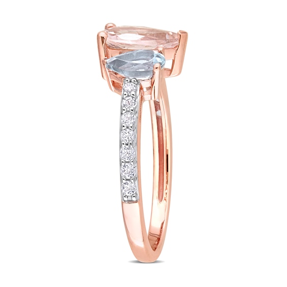 Pear-Shaped Morganite, Aquamarine, and White Topaz Toi et Moi Ring in 10K Rose Gold