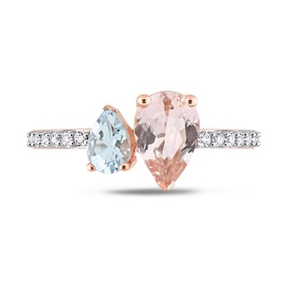 Pear-Shaped Morganite, Aquamarine, and White Topaz Toi et Moi Ring in 10K Rose Gold