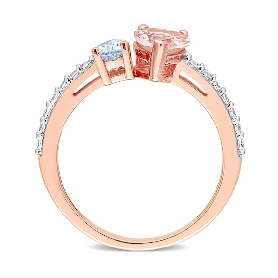 Pear-Shaped Morganite, Aquamarine, and White Topaz Toi et Moi Ring in 10K Rose Gold