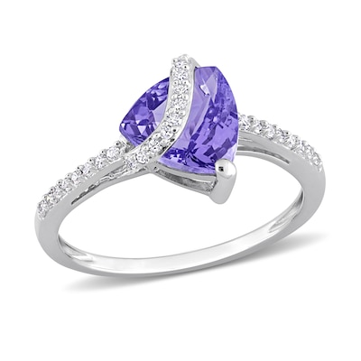 8.0mm Trillion-Cut Tanzanite and 0.12 CT. T.W. Diamond Ribbon Ring in Sterling Silver